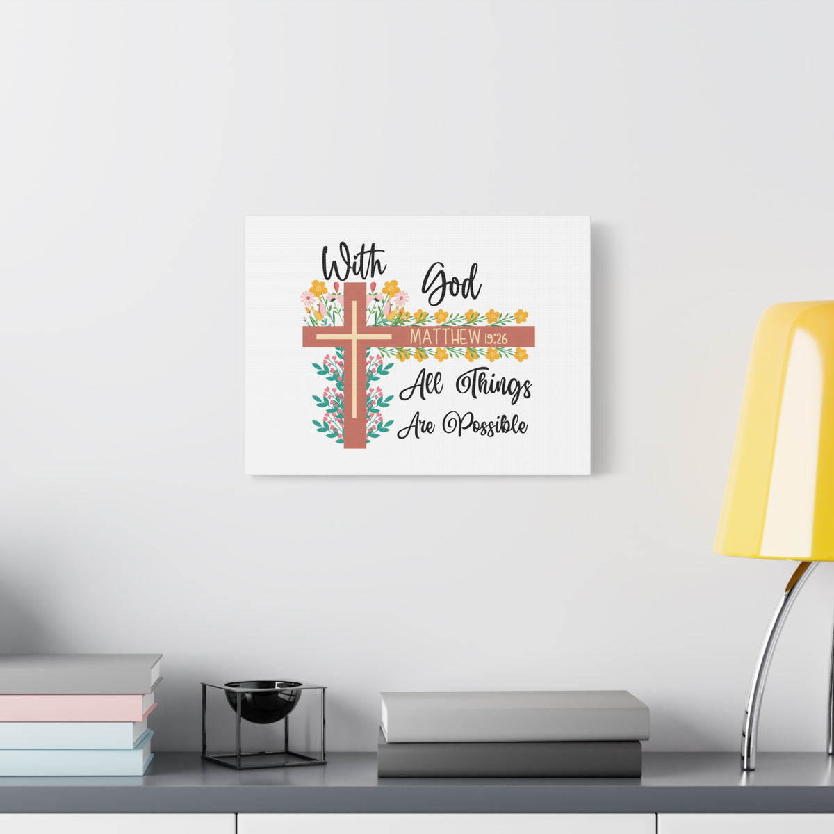 Scripture Canvas With God Matthew 19:26 Flower Cross Christian Wall Art Bible Verse Print Ready to Hang