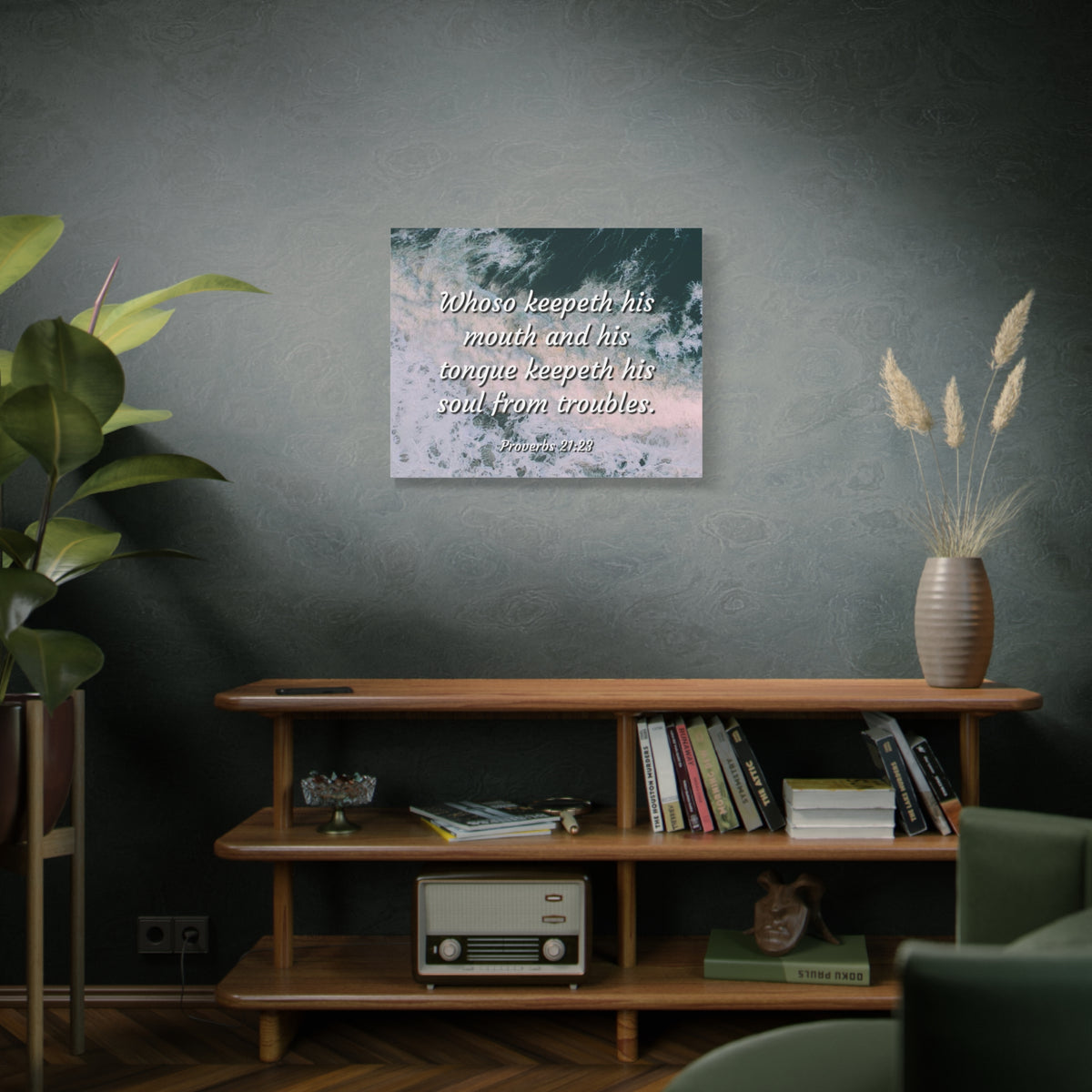 Scripture Canvas Troubles Proverbs 21:23 Christian Wall Art Bible Verse Print Ready to Hang