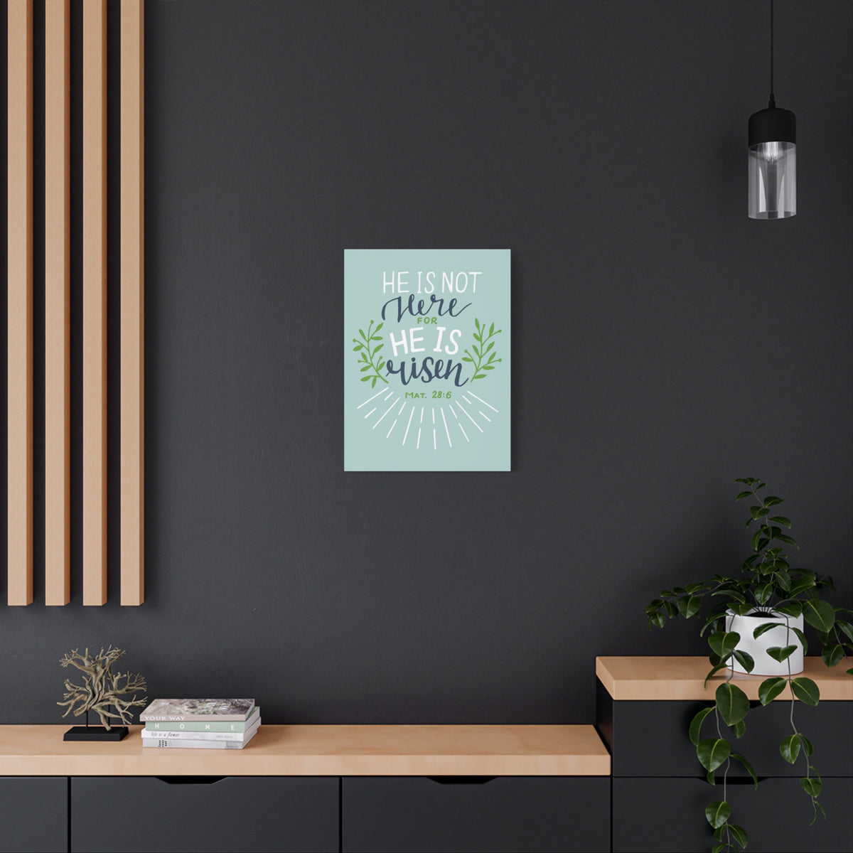 Scripture Canvas He Is Risen Green Leaves Mat 28:6 Christian Wall Art Bible Verse Print Ready to Hang