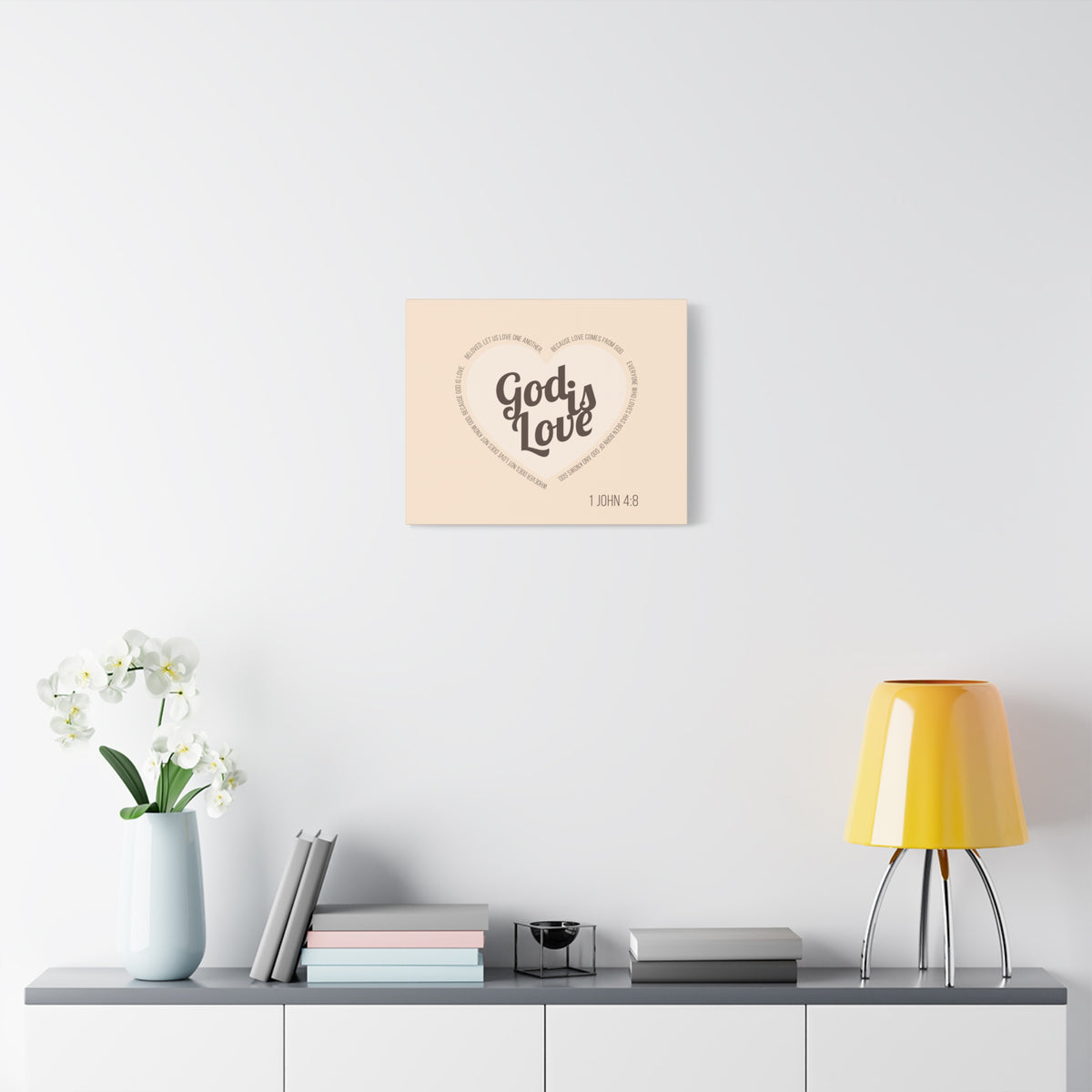 Scripture Canvas God Is Love 1 John 4:8 Light Brown Christian Wall Art Bible Verse Print Ready to Hang