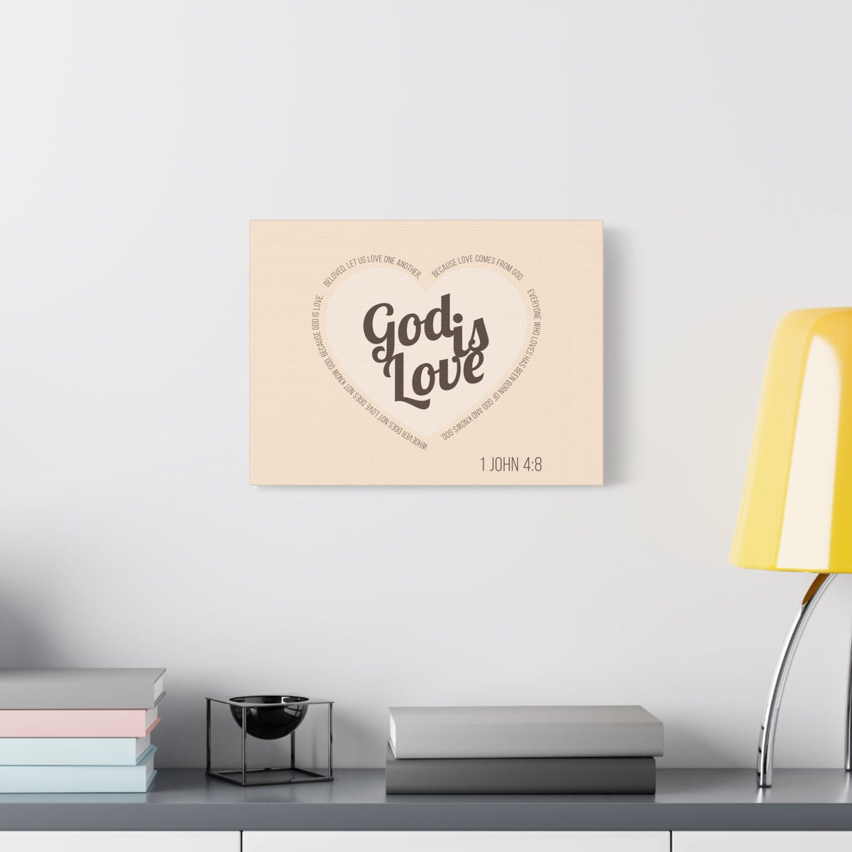 Scripture Canvas God Is Love 1 John 4:8 Light Brown Christian Wall Art Bible Verse Print Ready to Hang