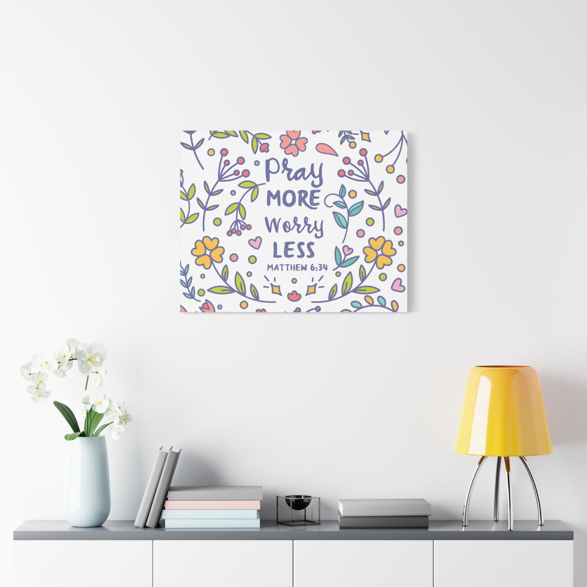 Scripture Canvas Pray More, Worry Less Matthew 6:34 Christian Wall Art Bible Verse Print Ready to Hang