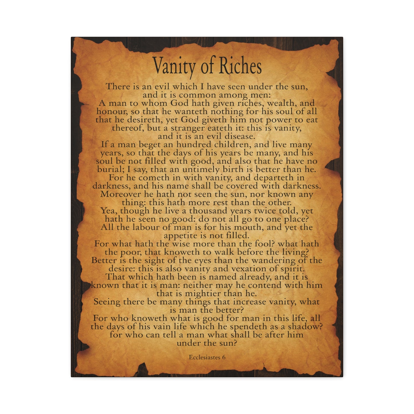 Vanity of Riches Ecclesiastes 6 Gold Brown Bible Verse Canvas Christian Wall Art Ready to Hang