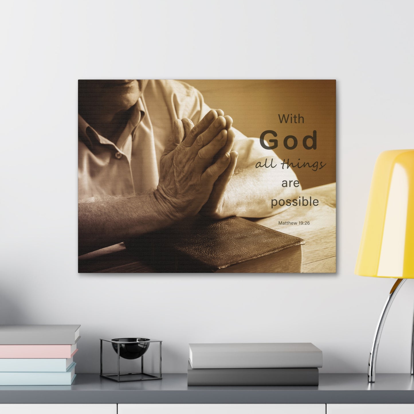 With God Matthew 19:26 Praying Hands Bible Verse Canvas Christian Wall Art Ready to Hang