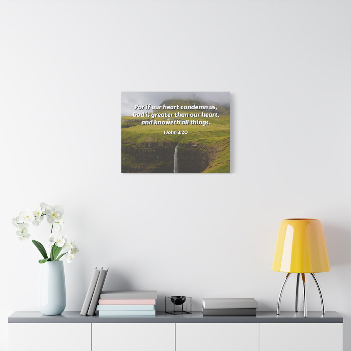Scripture Canvas God Is Greater 1 John 3:20 Christian Wall Art Bible Verse Print Ready to Hang