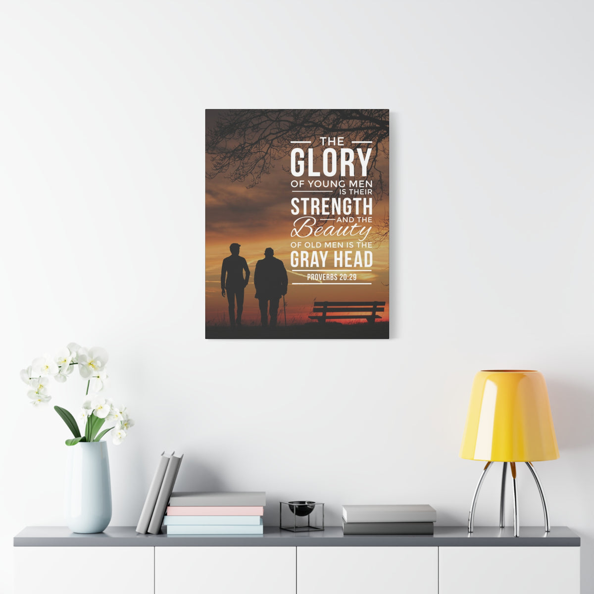Scripture Canvas The Glory of Young Men Proverbs 20:29 Christian Wall Art Bible Verse Print Ready to Hang