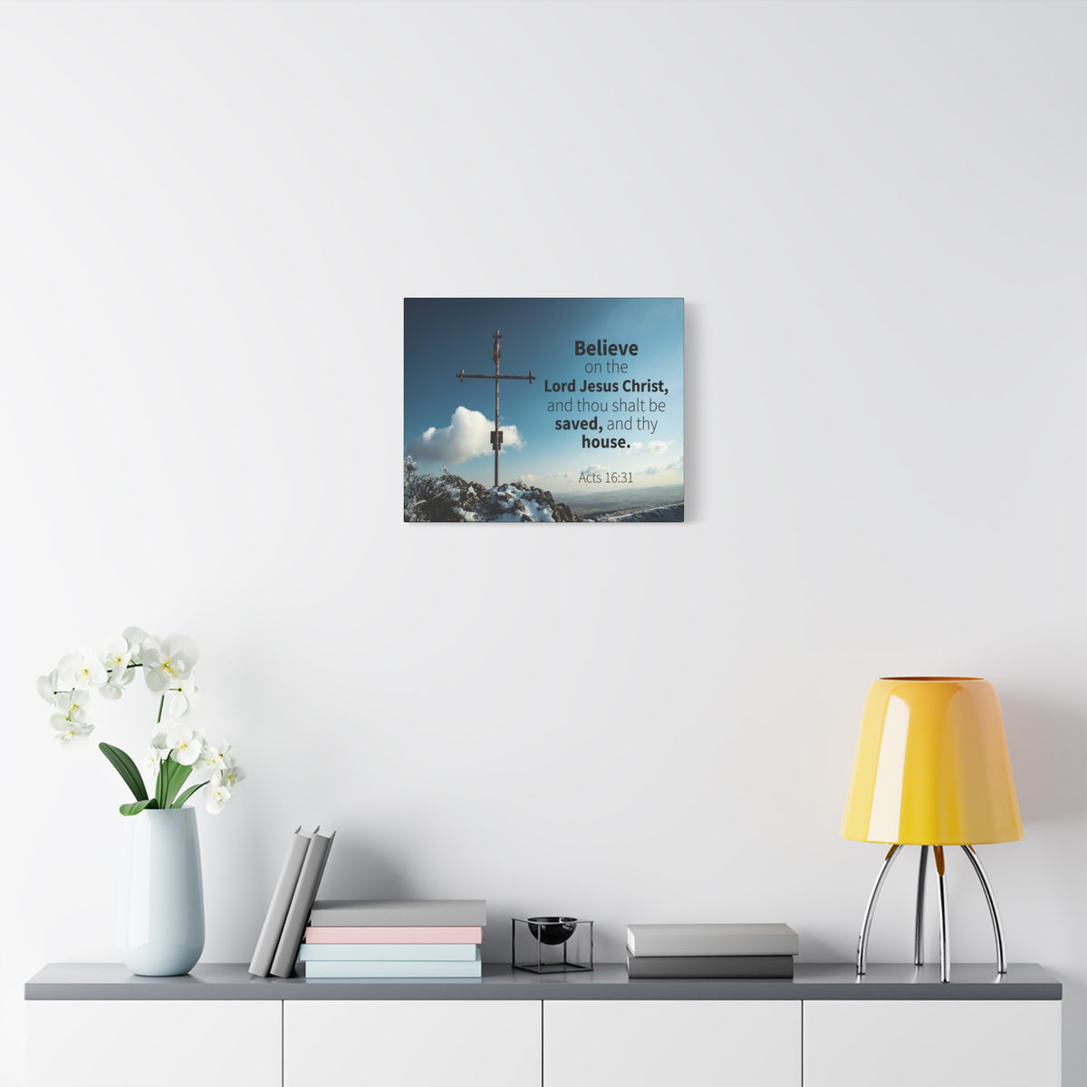 Scripture Canvas Believe Acts 16:31 Christian Wall Art Bible Verse Print Ready to Hang