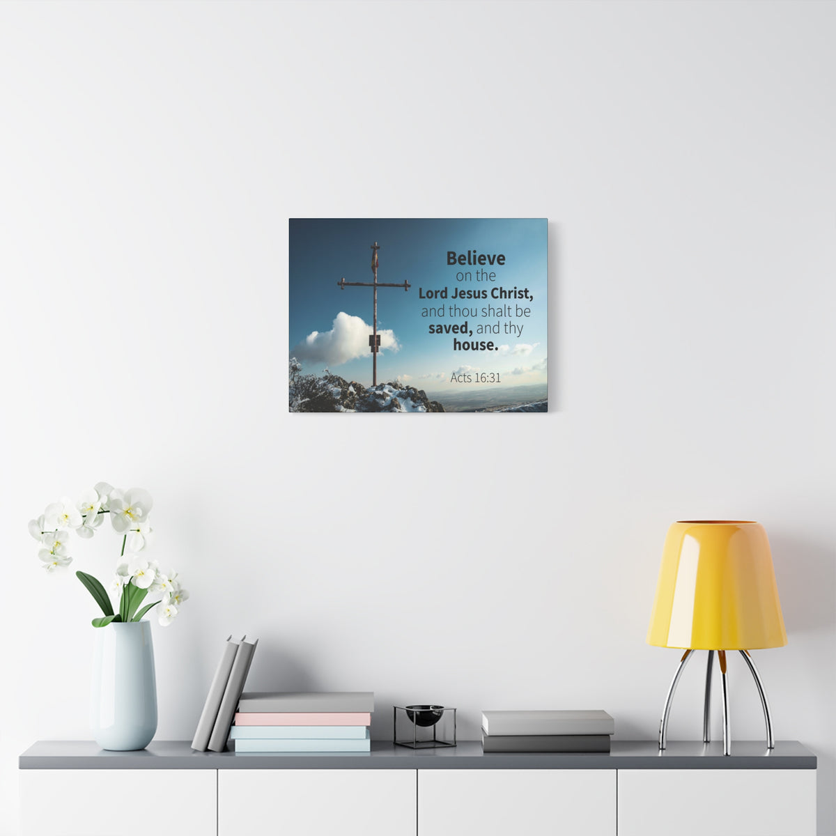 Scripture Canvas Believe Acts 16:31 Christian Wall Art Bible Verse Print Ready to Hang