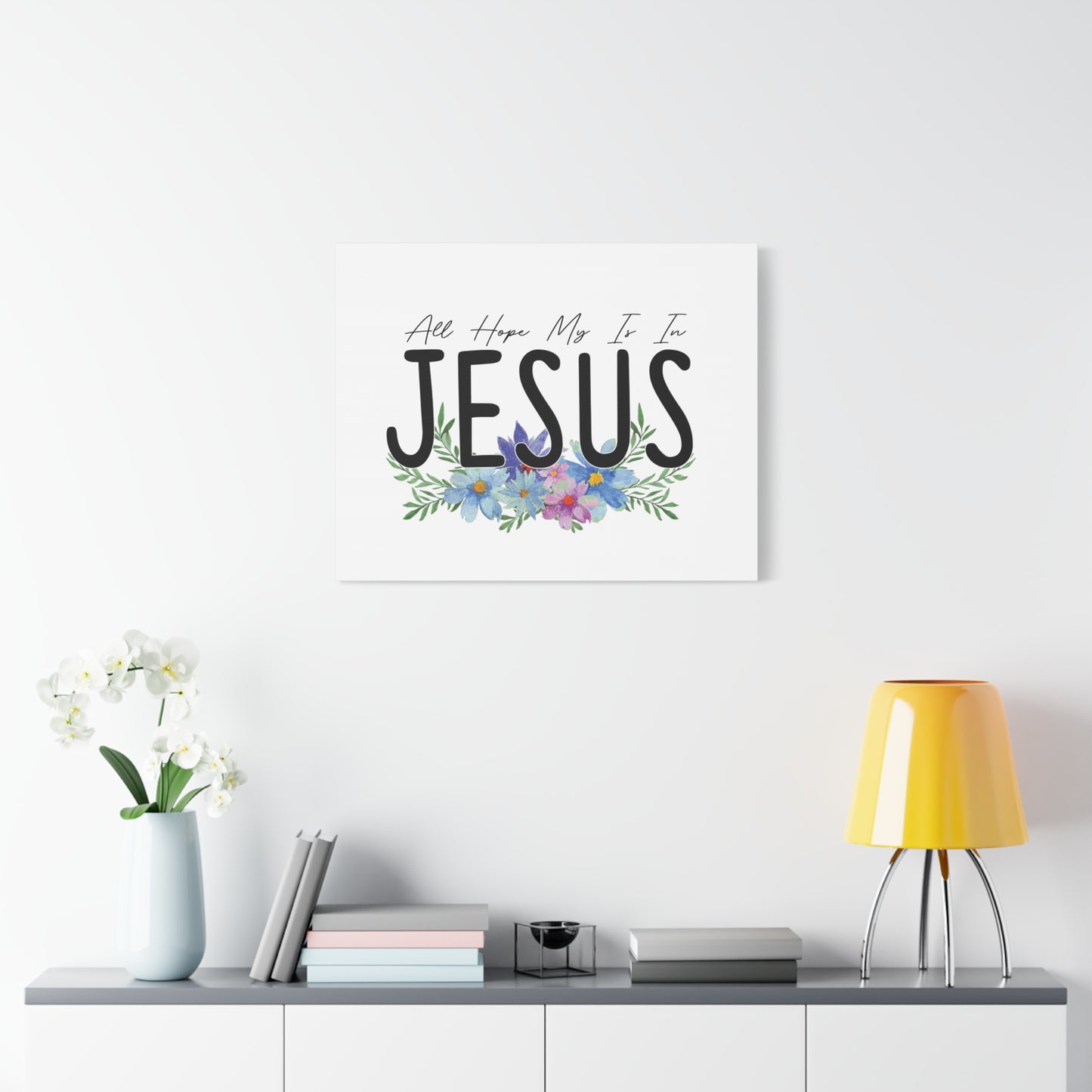 Scripture Canvas All My Hope Is In Jesus Jeremiah 29:11 Blue Flowers Christian Wall Art Bible Verse Print Ready to Hang
