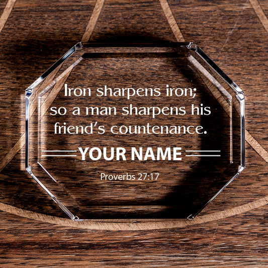 Proverbs 27:17 Iron Sharpens Iron Octagonal Crystal Paperweight Personalized Christian Gift-Express Your Love Gifts