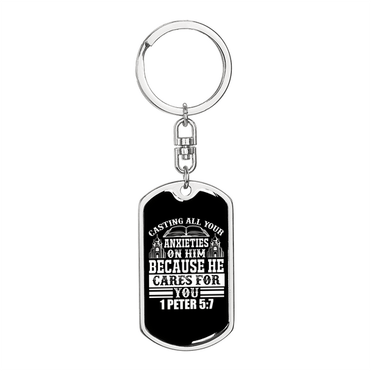 All Anxieties On Him 1 Peter 5:7 Keychain Stainless Steel or 18k Gold Dog Tag Keyring-Express Your Love Gifts