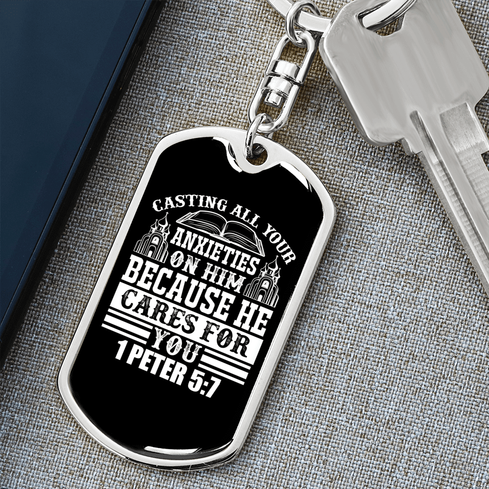 All Anxieties On Him 1 Peter 5:7 Keychain Stainless Steel or 18k Gold Dog Tag Keyring-Express Your Love Gifts