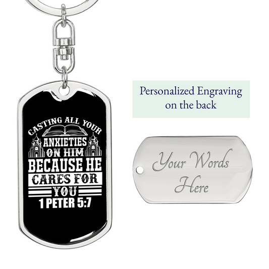 All Anxieties On Him 1 Peter 5:7 Keychain Stainless Steel or 18k Gold Dog Tag Keyring-Express Your Love Gifts