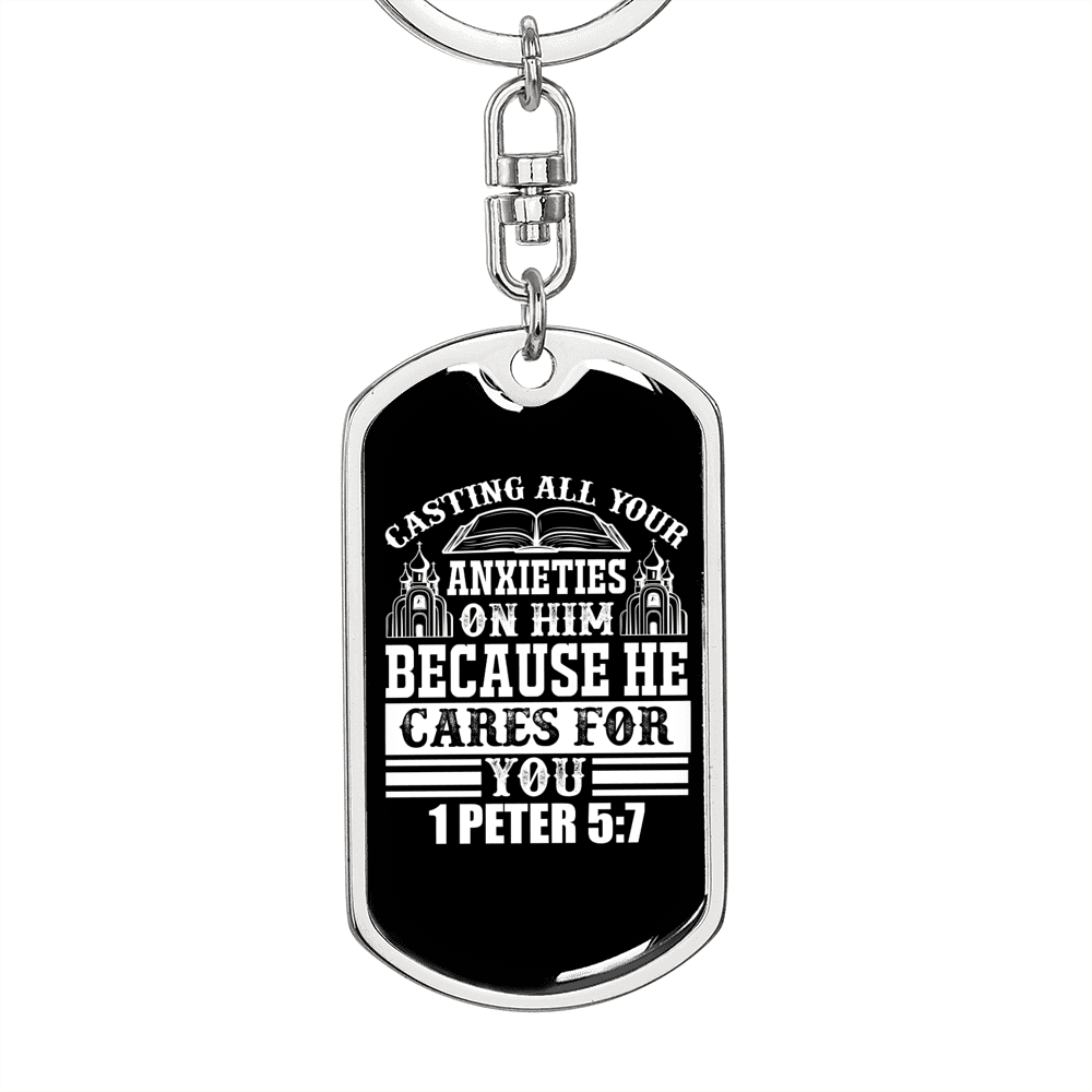 All Anxieties On Him 1 Peter 5:7 Keychain Stainless Steel or 18k Gold Dog Tag Keyring-Express Your Love Gifts