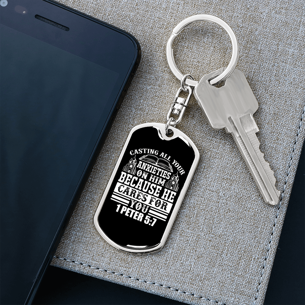 All Anxieties On Him 1 Peter 5:7 Keychain Stainless Steel or 18k Gold Dog Tag Keyring-Express Your Love Gifts