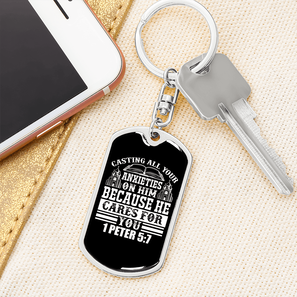 All Anxieties On Him 1 Peter 5:7 Keychain Stainless Steel or 18k Gold Dog Tag Keyring-Express Your Love Gifts