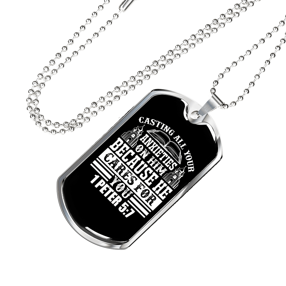 All Anxieties On Him 1 Peter 5:7 Necklace Stainless Steel or 18k Gold Dog Tag 24" Chain-Express Your Love Gifts