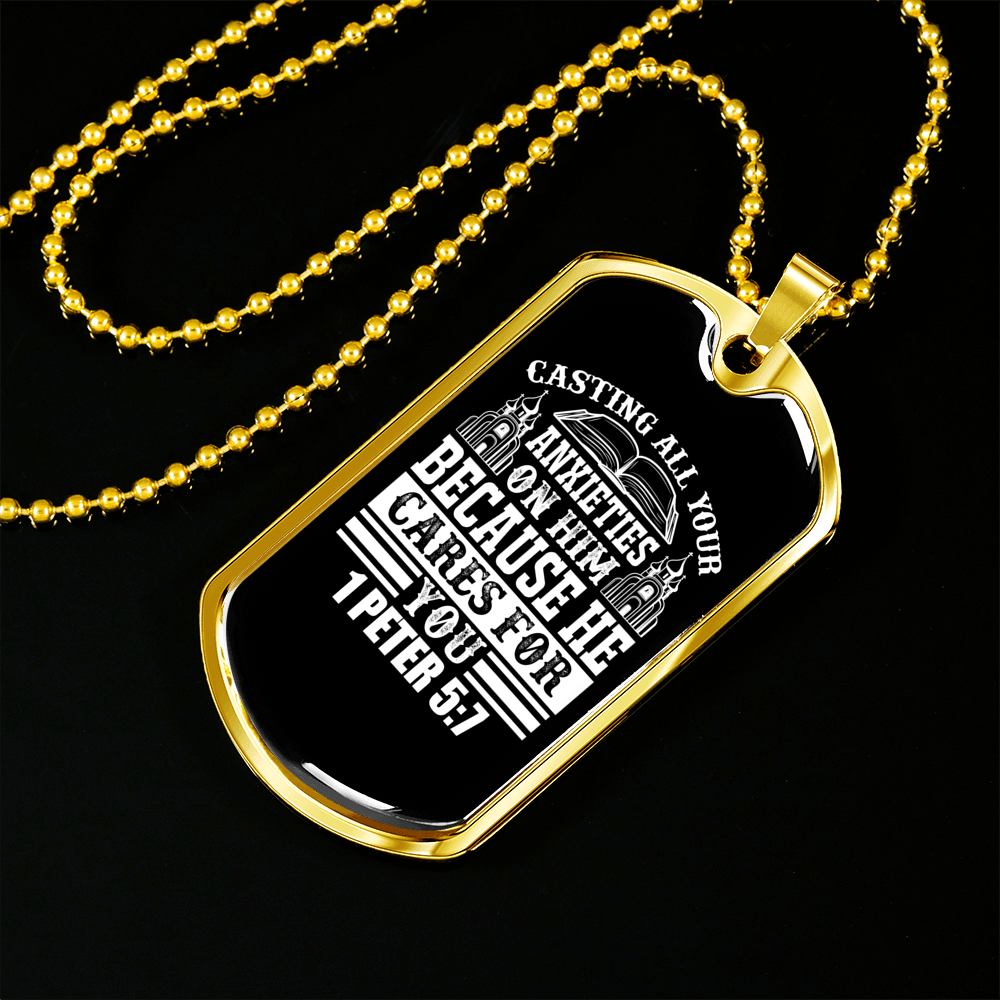 All Anxieties On Him 1 Peter 5:7 Necklace Stainless Steel or 18k Gold Dog Tag 24" Chain-Express Your Love Gifts