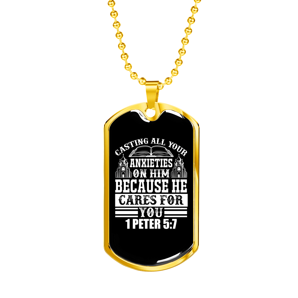 All Anxieties On Him 1 Peter 5:7 Necklace Stainless Steel or 18k Gold Dog Tag 24" Chain-Express Your Love Gifts