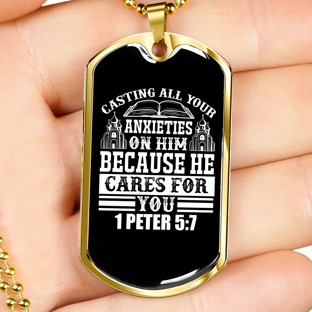 All Anxieties On Him 1 Peter 5:7 Necklace Stainless Steel or 18k Gold Dog Tag 24" Chain-Express Your Love Gifts