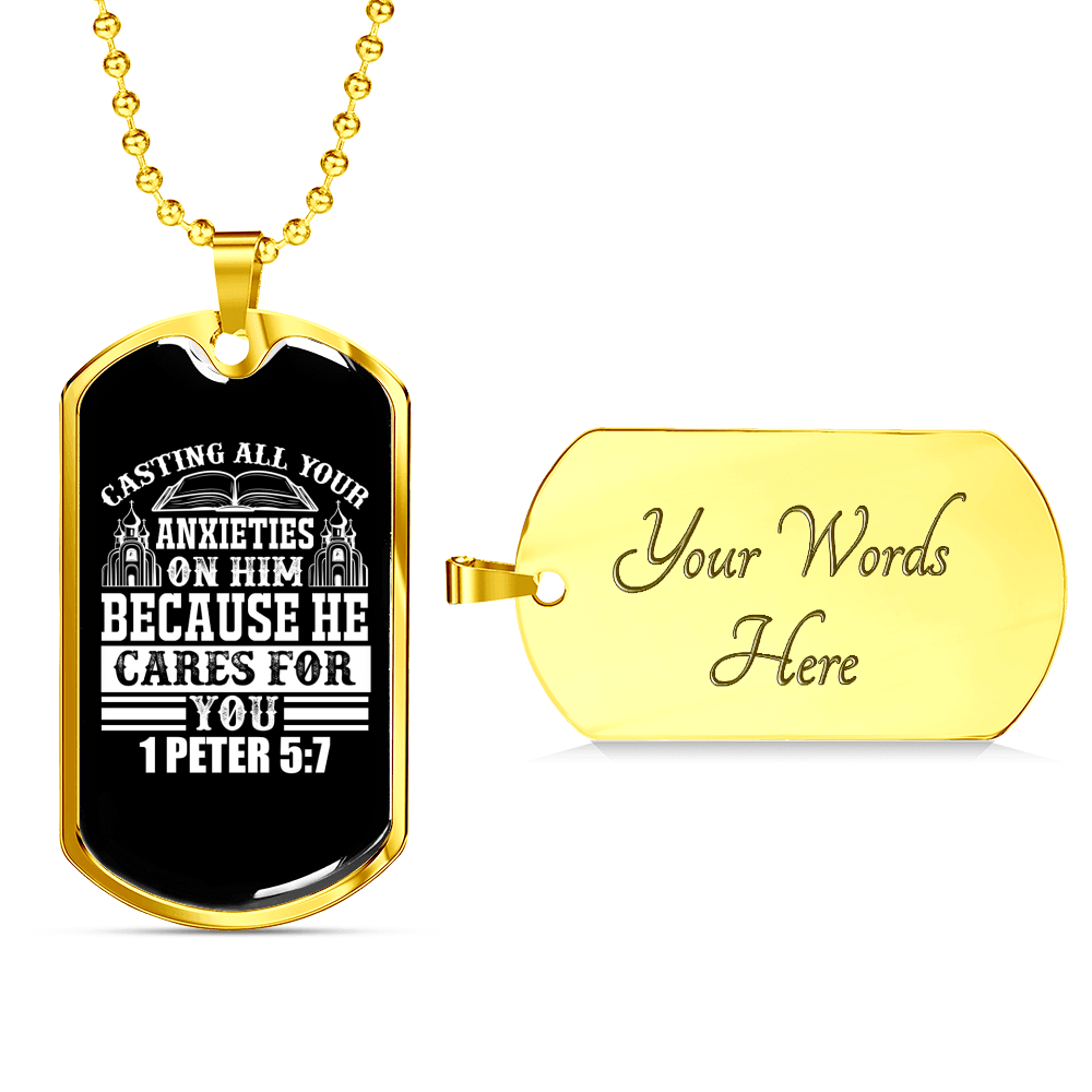 All Anxieties On Him 1 Peter 5:7 Necklace Stainless Steel or 18k Gold Dog Tag 24" Chain-Express Your Love Gifts