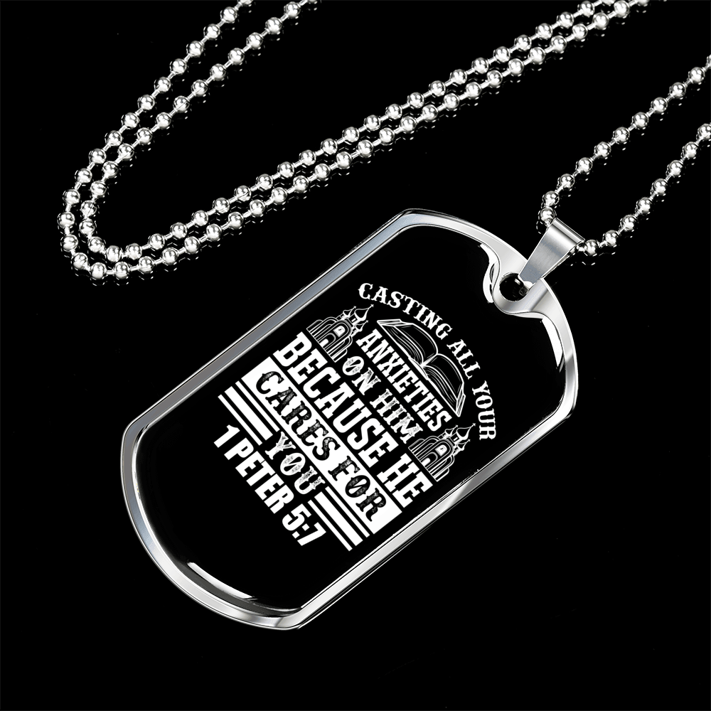 All Anxieties On Him 1 Peter 5:7 Necklace Stainless Steel or 18k Gold Dog Tag 24" Chain-Express Your Love Gifts