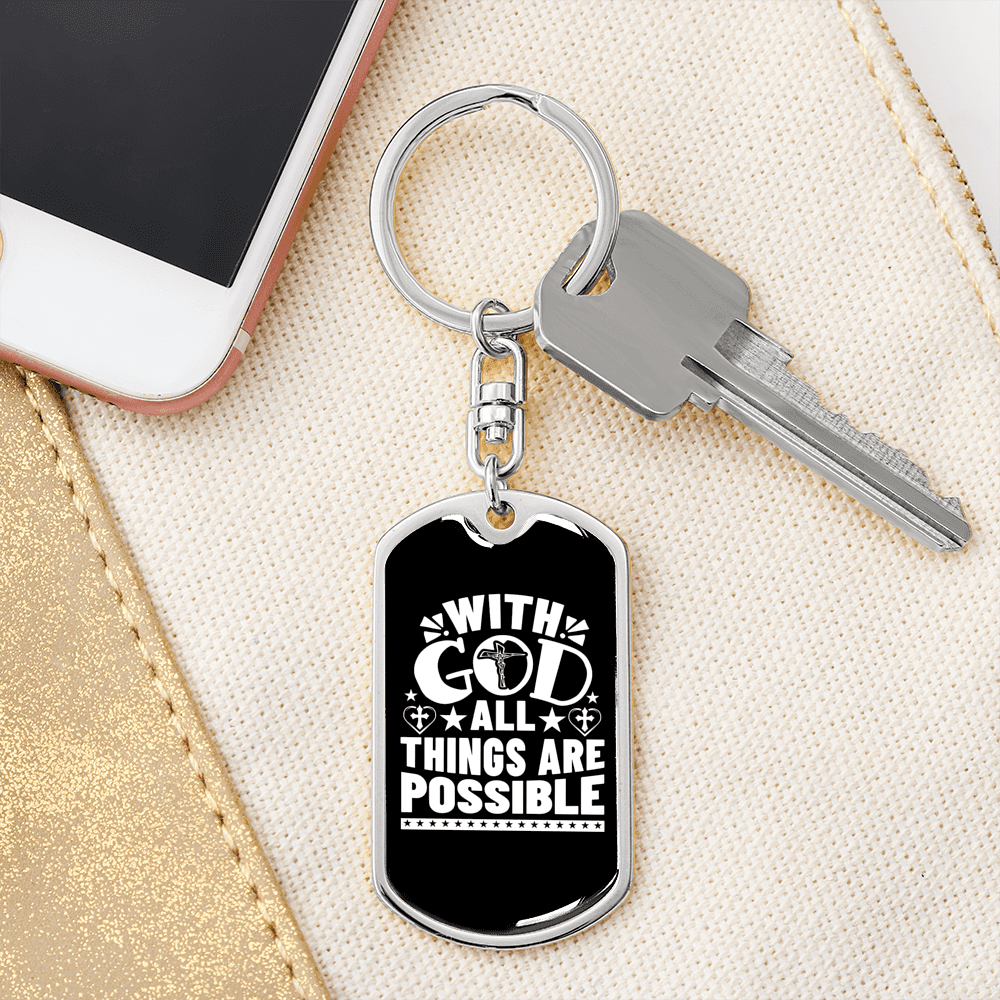 All Are Possible With God Keychain Stainless Steel or 18k Gold Dog Tag Keyring-Express Your Love Gifts