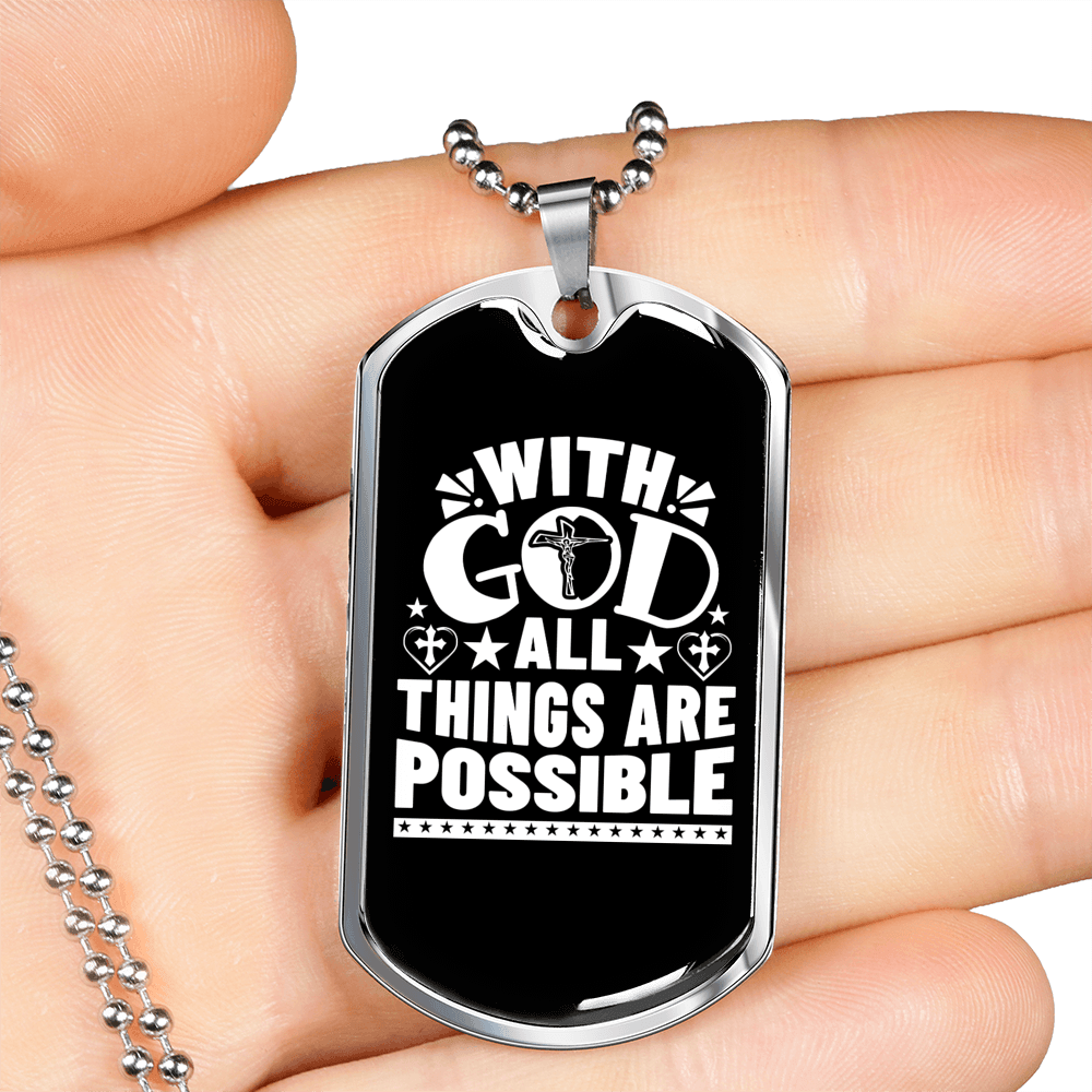 All Are Possible With God Necklace Stainless Steel or 18k Gold Dog Tag 24" Chain-Express Your Love Gifts