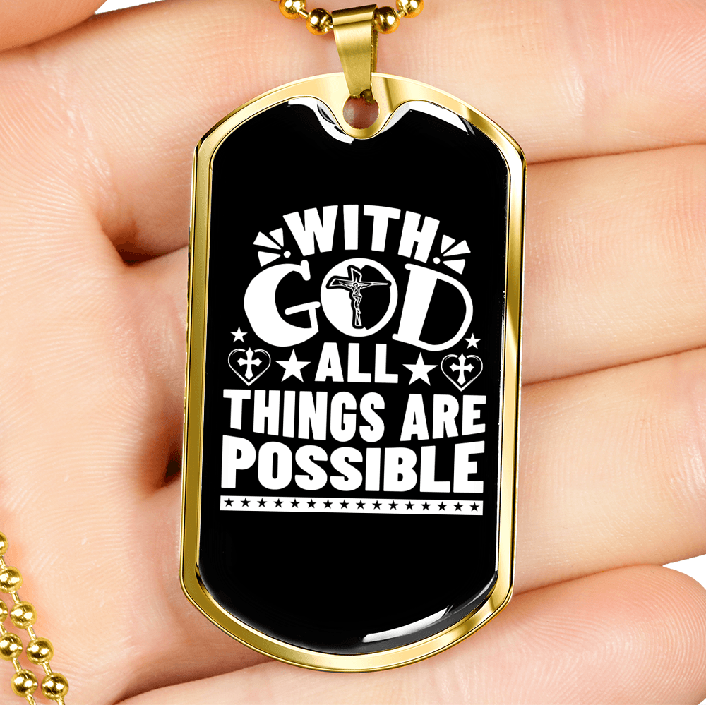 All Are Possible With God Necklace Stainless Steel or 18k Gold Dog Tag 24" Chain-Express Your Love Gifts