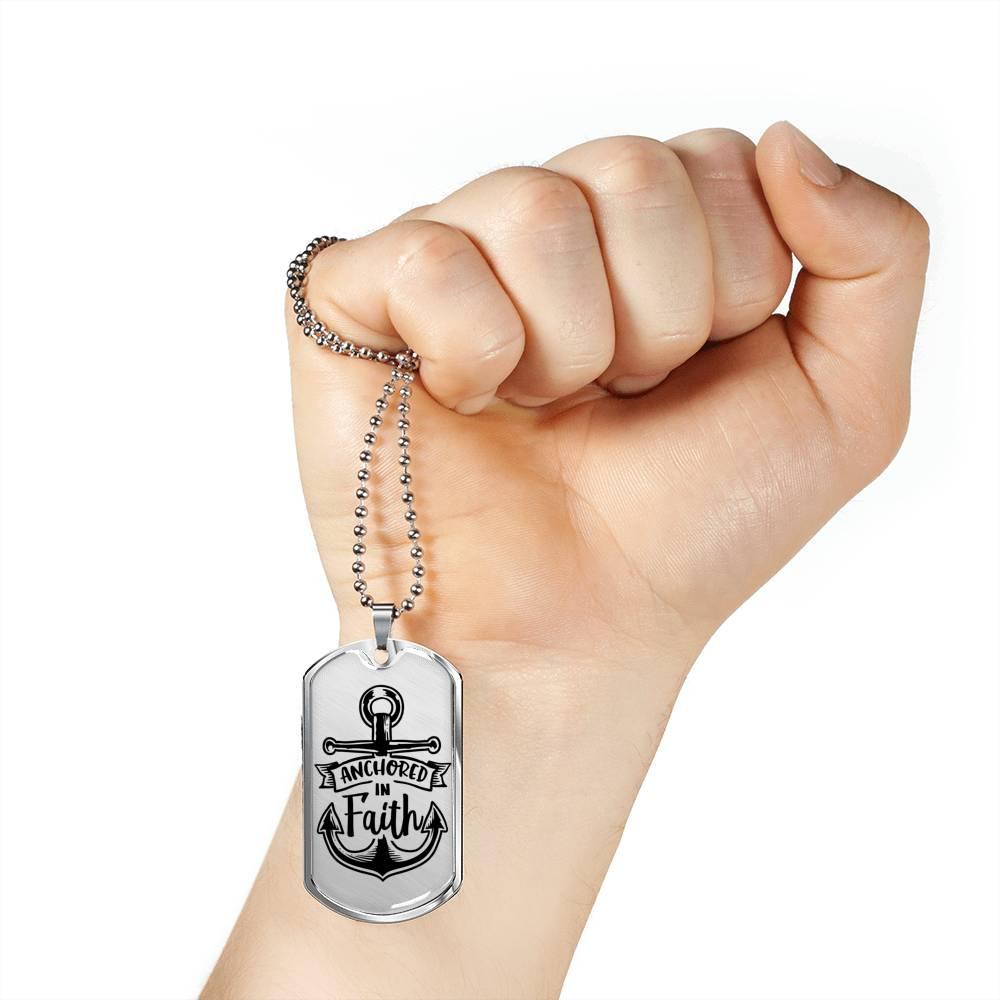 Anchored In Faith Necklace Stainless Steel or 18k Gold Dog Tag 24" Chain-Express Your Love Gifts