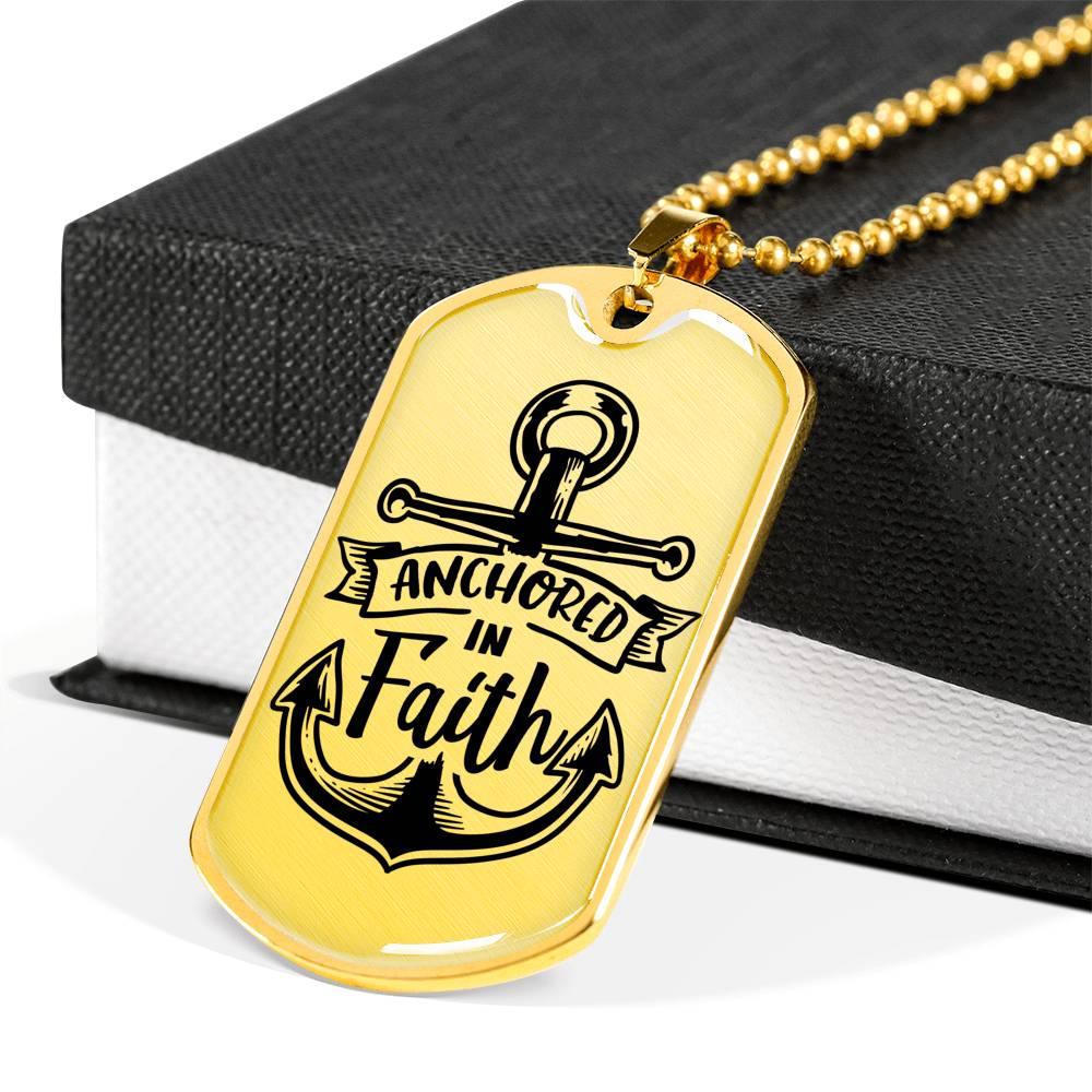 Anchored In Faith Necklace Stainless Steel or 18k Gold Dog Tag 24" Chain-Express Your Love Gifts