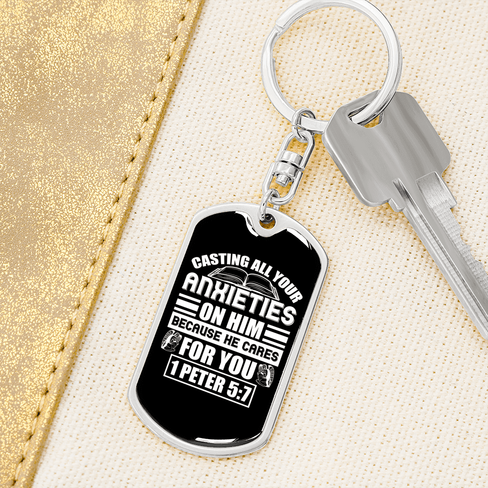 Anxieties On Him 1 Peter 5:7 Keychain Stainless Steel or 18k Gold Dog Tag Keyring-Express Your Love Gifts