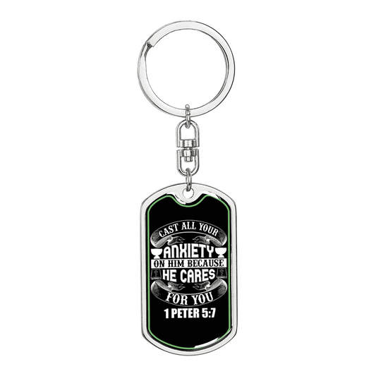Anxiety On Him 1 Peter 5:7 Keychain Stainless Steel or 18k Gold Dog Tag Keyring-Express Your Love Gifts