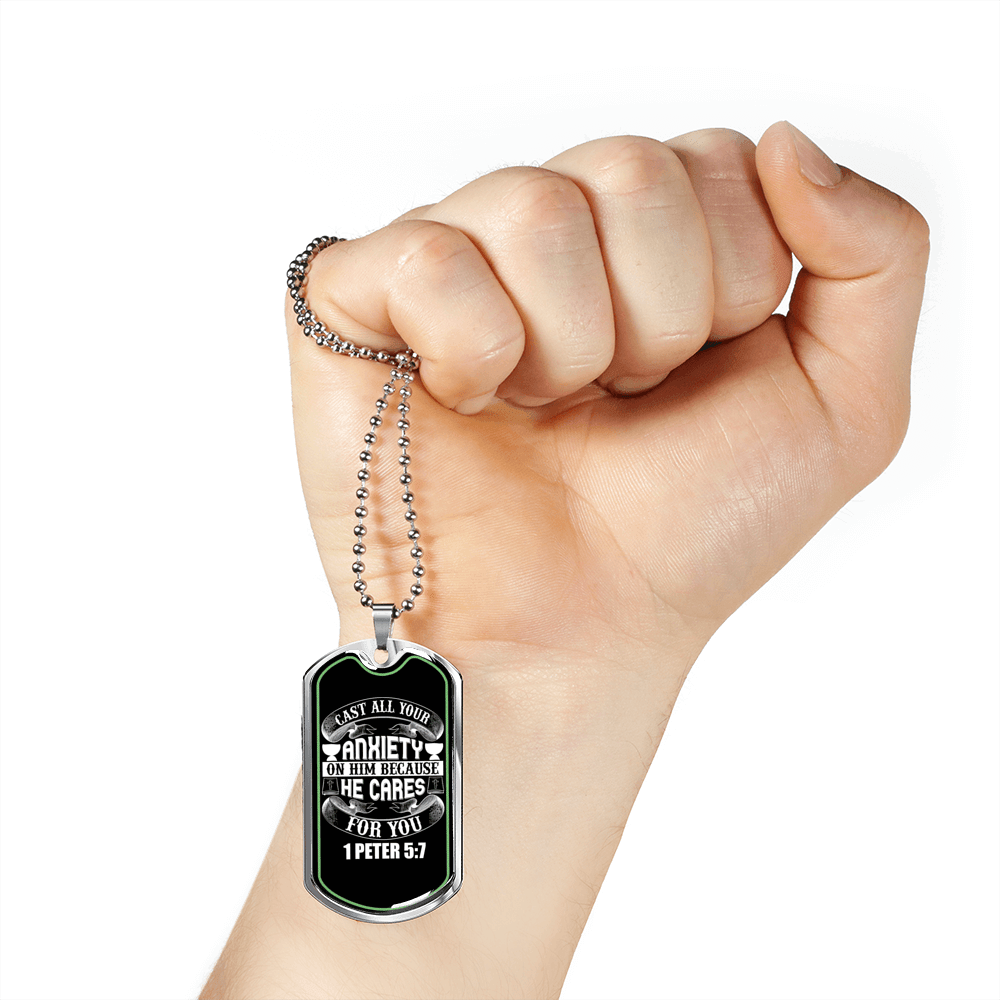 Anxiety On Him 1 Peter 5:7 Necklace Stainless Steel or 18k Gold Dog Tag 24"-Express Your Love Gifts