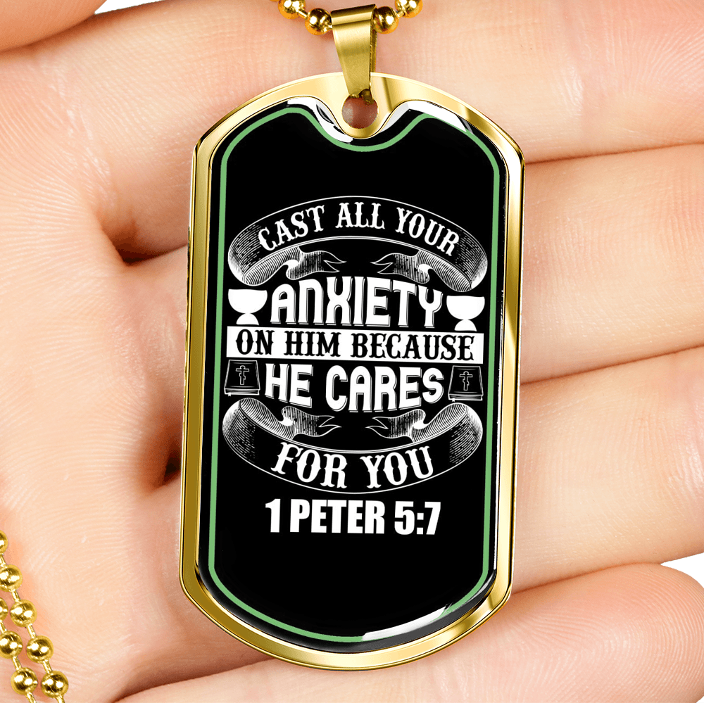 Anxiety On Him 1 Peter 5:7 Necklace Stainless Steel or 18k Gold Dog Tag 24"-Express Your Love Gifts
