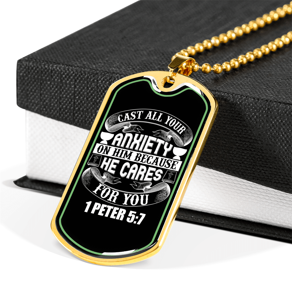 Anxiety On Him 1 Peter 5:7 Necklace Stainless Steel or 18k Gold Dog Tag 24"-Express Your Love Gifts