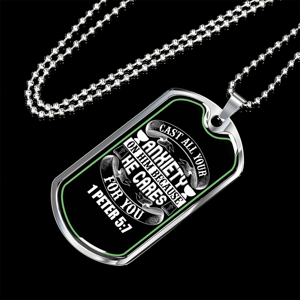 Anxiety On Him 1 Peter 5:7 Necklace Stainless Steel or 18k Gold Dog Tag 24"-Express Your Love Gifts
