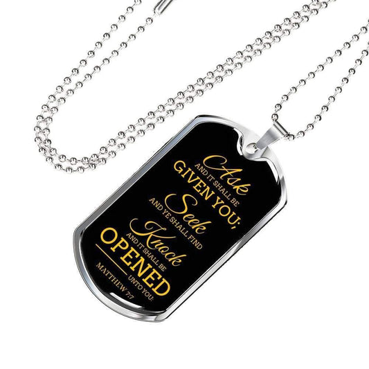 Ask Seek Knock Faith Gear Matthew Necklace Stainless Steel or 18k Gold Dog Tag w 24" Chain