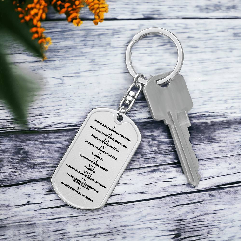 Ten Commandments Spanish Diez Mandamientos Bible Keychain Stainless Steel or 18k Gold Dog Tag-Express Your Love Gifts