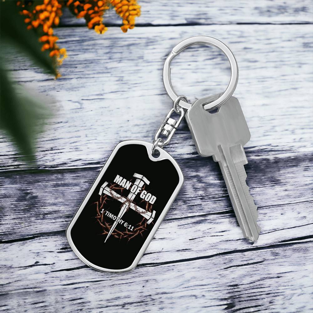 Man of God Cross Timothy Bible Keychain Stainless Steel or 18k Gold Dog Tag-Express Your Love Gifts