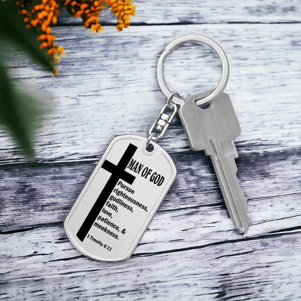 Man of God Pursuing 1 Timothy 6:11 Bible Keychain Stainless Steel or 18k Gold Dog Tag-Express Your Love Gifts