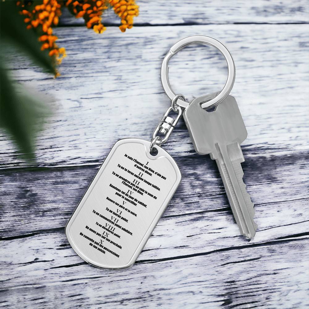 Ten Commandments French Dix Commandements Bible Keychain Stainless Steel or 18k Gold Dog Tag-Express Your Love Gifts