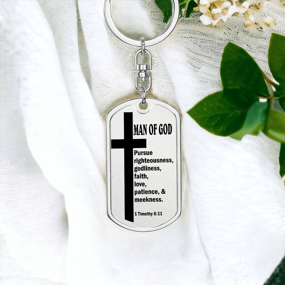 Man of God Pursuing 1 Timothy 6:11 Bible Keychain Stainless Steel or 18k Gold Dog Tag-Express Your Love Gifts