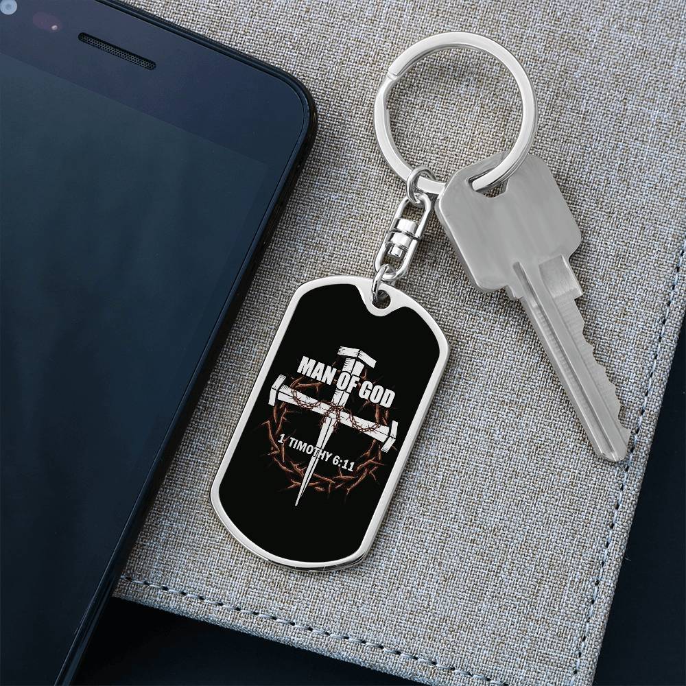 Man of God Cross Timothy Bible Keychain Stainless Steel or 18k Gold Dog Tag-Express Your Love Gifts