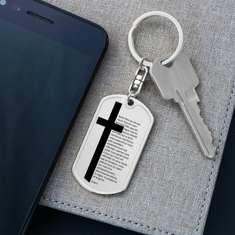 Lord's Prayer French Notre Père Bible Keychain Stainless Steel or 18k Gold Dog Tag-Express Your Love Gifts