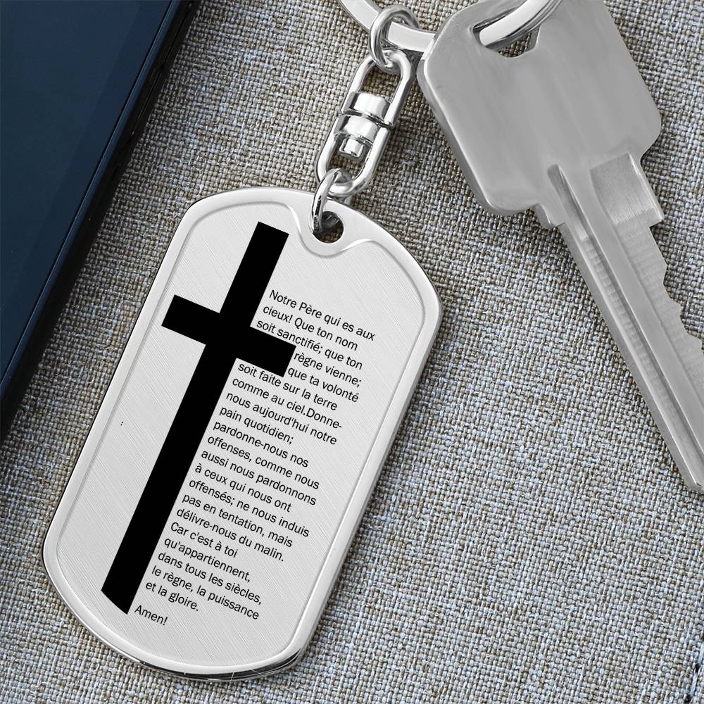 Lord's Prayer French Notre Père Bible Keychain Stainless Steel or 18k Gold Dog Tag-Express Your Love Gifts
