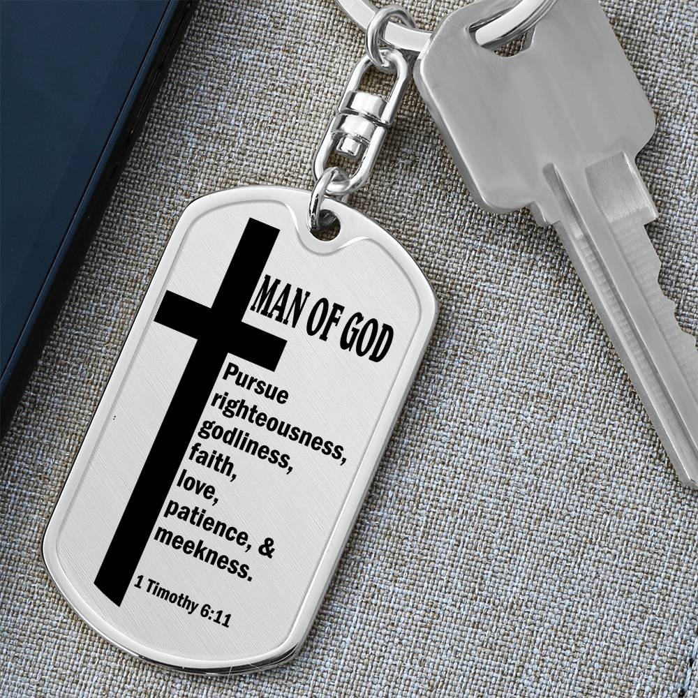 Man of God Pursuing 1 Timothy 6:11 Bible Keychain Stainless Steel or 18k Gold Dog Tag-Express Your Love Gifts