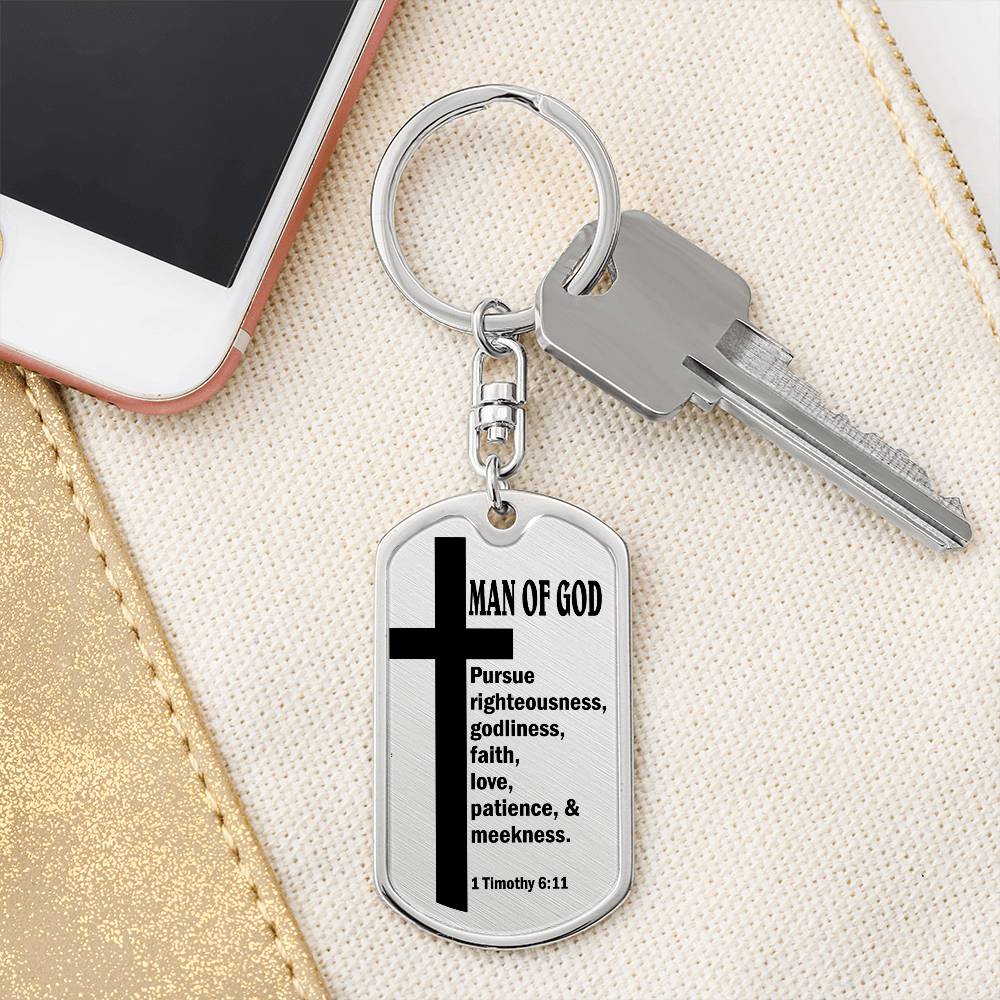Man of God Pursuing 1 Timothy 6:11 Bible Keychain Stainless Steel or 18k Gold Dog Tag-Express Your Love Gifts