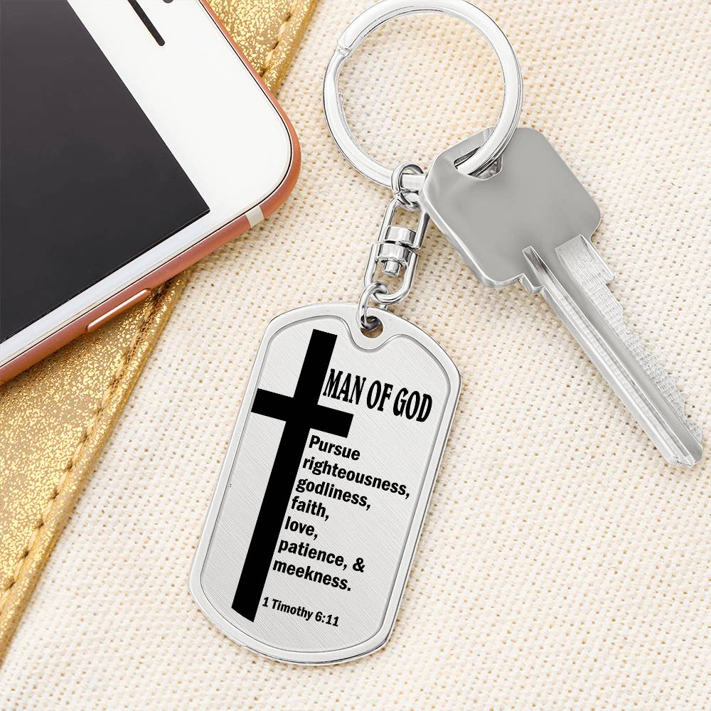 Man of God Pursuing 1 Timothy 6:11 Bible Keychain Stainless Steel or 18k Gold Dog Tag-Express Your Love Gifts