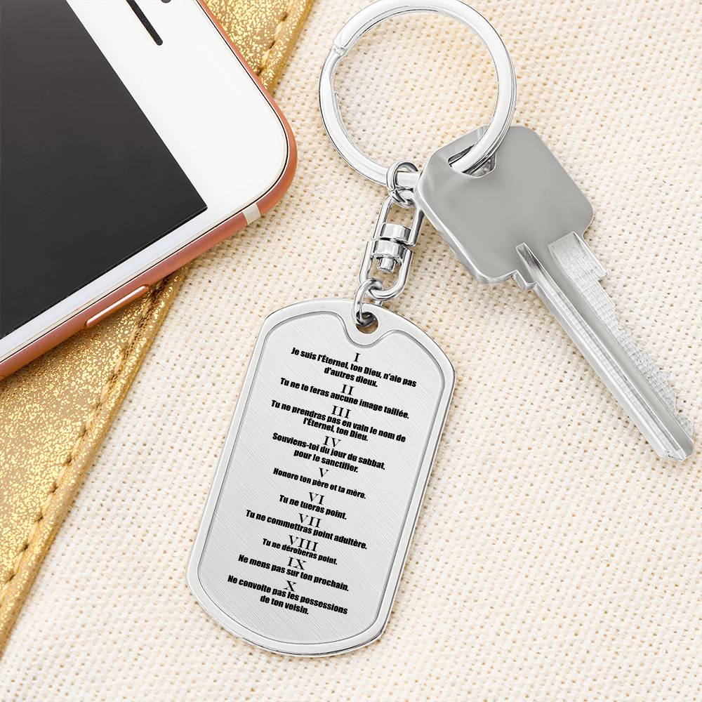 Ten Commandments French Dix Commandements Bible Keychain Stainless Steel or 18k Gold Dog Tag-Express Your Love Gifts